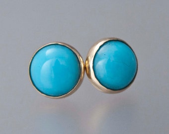 Turquoise Gold Stud Earrings 8mm solid 14k gold bezel settings posts and backs