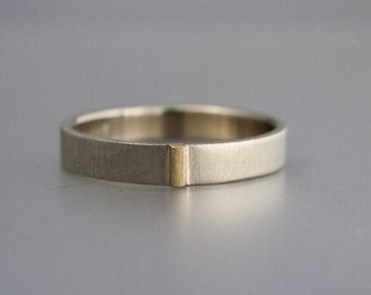 Two-Tone Gold Unisex Wedding Band - 4mm Wide Flat 14k White Gold Wedding Ring with Yellow Gold Bar