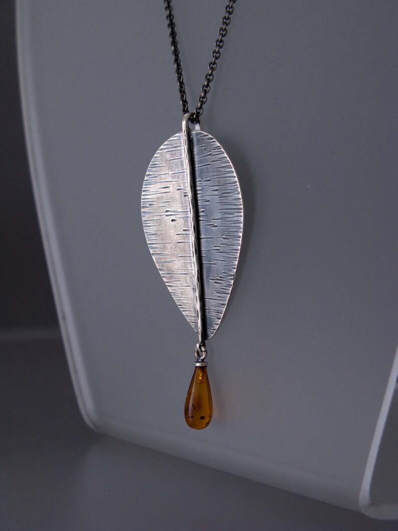 Large Sterling Silver Leaf Pendant Necklace With Amber Drop Etsy