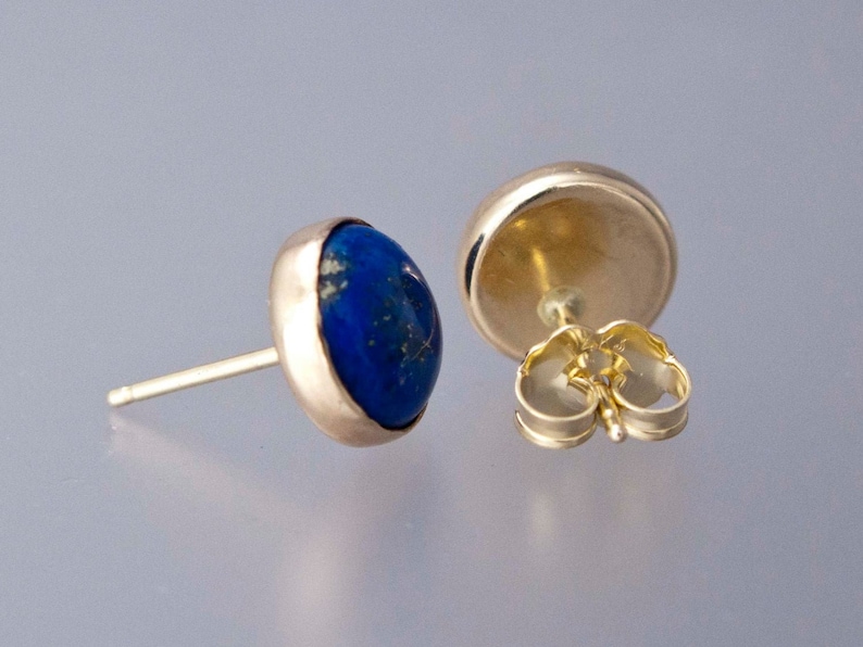 Lapis Lazuli Gold Stud Earrings 8mm solid 14k gold bezels, posts and backs image 2