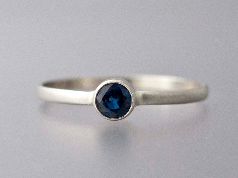 Solid 14k Gold Thin Engagement Ring with a 3.5mm Sapphire Blue Sapphire White Gold Ring