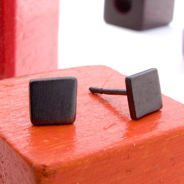 Simple Geometric Square Stud Earrings in Black Sterling Silver