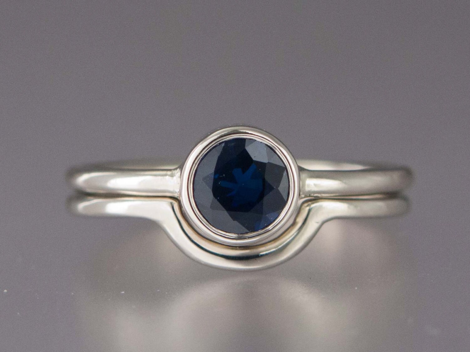 Blue Sapphire Engagement Ring and Contour Wedding Band Set - Etsy