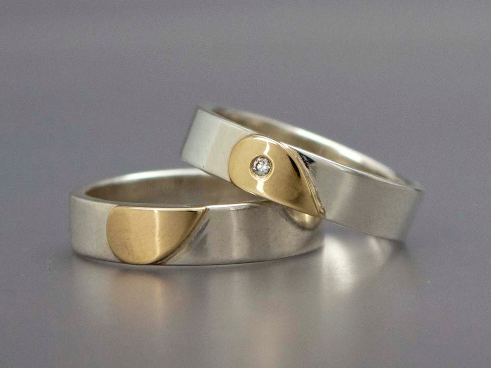 Diamond Heart Wedding Band Set in 14k Gold and Sterling Silver - Etsy