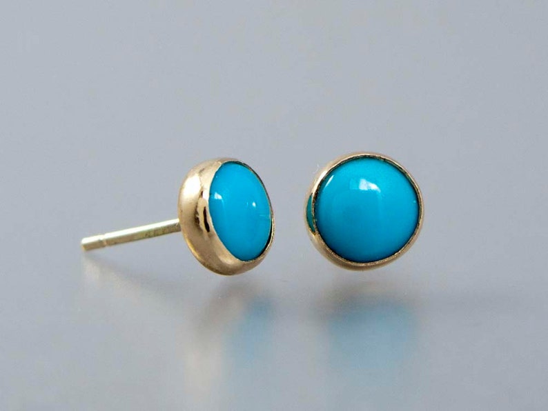 Turquoise Gold Stud Earrings 6mm Solid 14k Gold Bezel Etsy