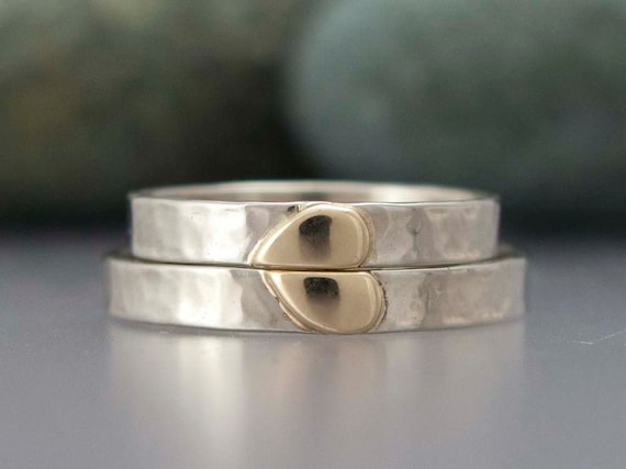 Solid Gold Heart Wedding Ring Set 3mm 