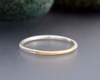 Married 14k Gold and Sterling Silver Ring - Thin 1.3mm Two Tone Round Wedding Band