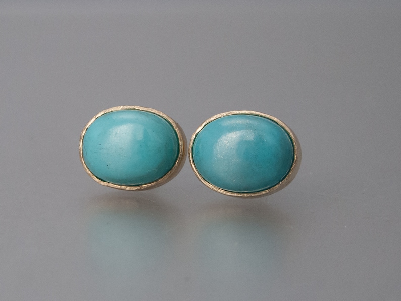 Oval Turquoise and 14k Yellow Gold Stud Earrings, 8x6mm Ready to ship image 3