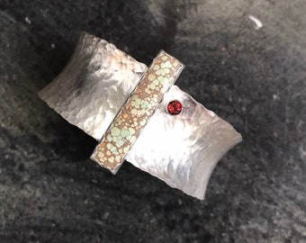 Hubei Turquoise and Garnet Statement Cuff Bracelet in Hammered Sterling Silver