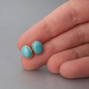 Oval Turquoise and 14k Yellow Gold Stud Earrings, 8x6mm Ready to ship image 2