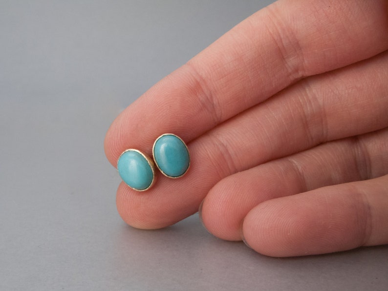 Oval Turquoise and 14k Yellow Gold Stud Earrings, 8x6mm Ready to ship image 2