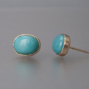 Oval Turquoise and 14k Yellow Gold Stud Earrings, 8x6mm Ready to ship image 5