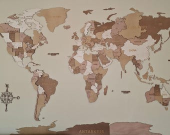 Wooden world map (German): 3D wall map, travel, trip planning