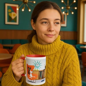 Taza de café con acento moderno de mediados de siglo / Decoración de cocina retro, regalo único, artículos para el hogar coloridos, taza para amantes del café, artículos de bebida ingeniosos
