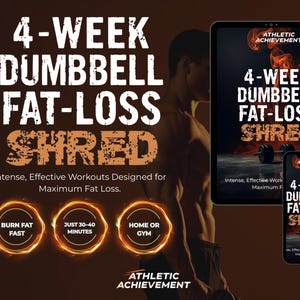 Puede incluir: Anuncio de un programa de pérdida de grasa con mancuernas de 4 semanas. El diseño presenta el texto "4-WEEK DUMBBELL FAT-LOSS SHRED" en blanco y naranja, con texto adicional que indica entrenamientos intensos y efectivos. El programa promete quemar grasa rápidamente en 30-40 minutos.