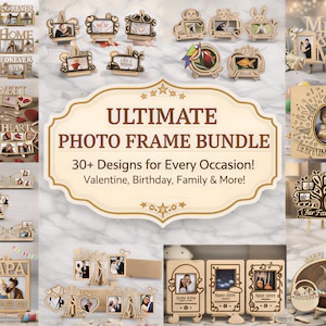 May include: A collection of wooden photo frames in various designs, including frames with the words "Home," "Love," and "Heart." The frames are designed for Valentine's Day, birthdays, and family occasions. The image includes the text "ULTIMATE PHOTO FRAME BUNDLE."