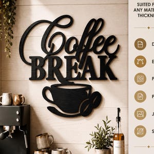 Pode incluir: Uma placa de parede preta com o texto Coffee BREAK em uma combinação de letras cursivas e de forma, posicionada sobre um gráfico de uma xícara de café e um grão. Uma barra lateral vertical lista formatos de arquivo como DXF, EPS, PNG, PDF, JPG e SVG.