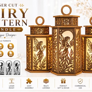 May include: Laser-cut fairy lantern bundle with five unique designs. The lanterns are made of wood and feature intricate cutouts of fairies and foliage. The lanterns are illuminated from within, creating a warm glow. The bundle includes various file formats.