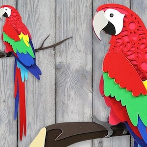 Archivo SVG de corte láser de loro / Diseño de arte mural de guacamayo en capas (descarga digital)