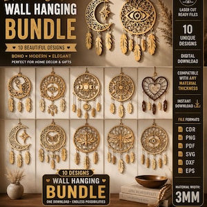 May include: A collection of laser-cut wall hangings featuring celestial and natural motifs. The image displays the text "Laser Cut Wall Hanging Bundle" with 10 unique designs. The material width is 3mm.