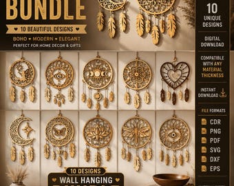 Laser Cut Wall Hanging Bundle | 10 Boho Dreamcatcher Mandala SVG Files (Digital Download)