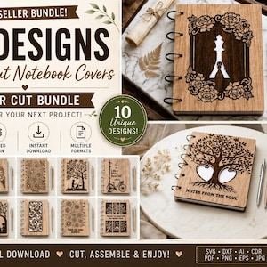 Könnte beinhalten: Ein Bundle mit 10 Laser-Cut-Notizbuchcover-Designs. Die Cover zeigen verschiedene von der Natur inspirierte und geometrische Muster. Das Bild zeigt ein Notizbuch mit einem Baumdesign und dem Text "Notes from the Soul".
