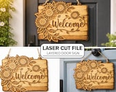 Sunflower Welcome Sign Layered Door Hanger SVG File, Floral Wood Laser Cut (Digital Download)