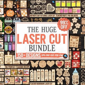 Puede incluir: Una colección de diseños de madera cortados con láser, que incluyen marcadores, letreros y formas decorativas. La imagen presenta una variedad de diseños, incluyendo corazones, mariposas y artículos temáticos de profesores. El texto "THE HUGE LASER CUT BUNDLE" es prominente.