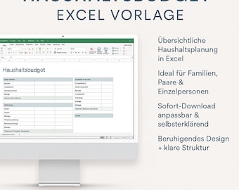 May include: A computer monitor displays an Excel spreadsheet titled "Haushaltsbudget" with a teal and white color scheme. The text "HAUSHALTSBUDGET EXCEL VORLAGE" is at the top, with "FORM & FLAIR" at the bottom. The spreadsheet is for household budgeting.