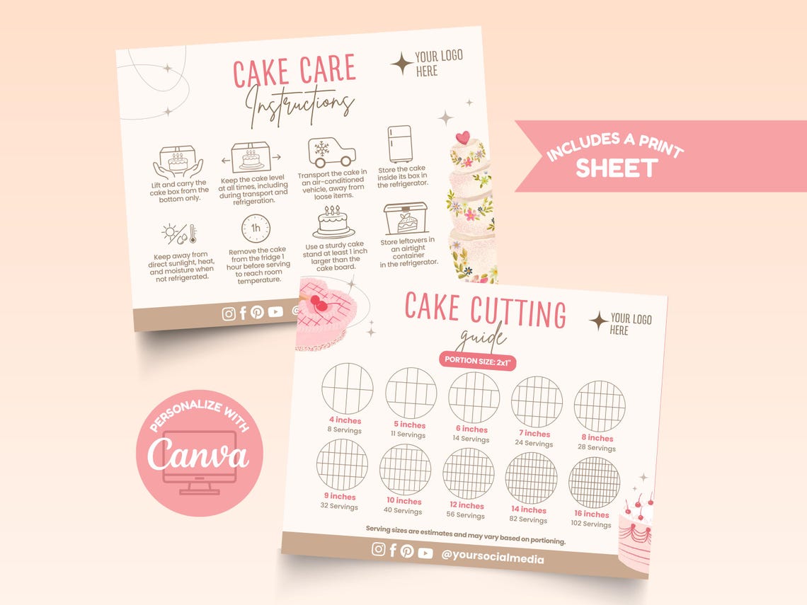 Editable Cake Care Card Template, Bakery Instructions, Canva Bundle (5 ...