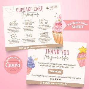 May include: Two cards with cupcake care instructions and a thank you message. The instructions card has icons and text about cupcake handling. The thank you card features a cupcake illustration and a discount code. Both cards have a light pink background.
