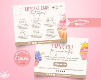 Editable Cupcake Care Card Template, Bakery Instructions (Canva)