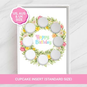 Insats till muffinsbukett för grattis på födelsedagen | Mall för muffinshållare med vårblommor och 8 motiv | Utskrivbar PDF | Digital nedladdning | Presentask för födelsedag