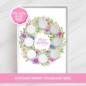 Happy Birthday Pink Purple Floral Wreath Cupcake Insert | 8 Cupcake Holder Template | Printable PDF | Digital Download | Birthday Gift