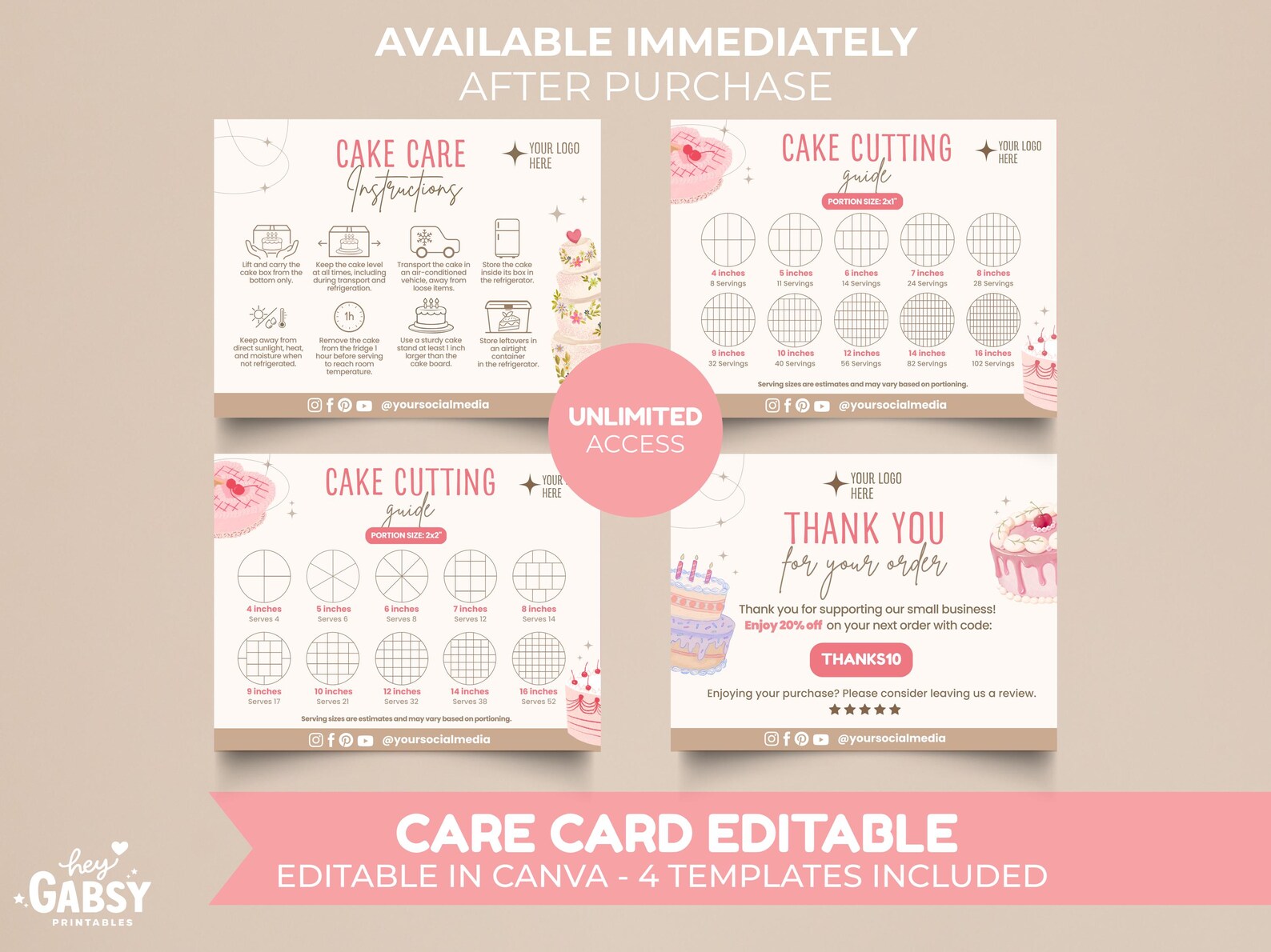 Editable Cake Care Card Template, Bakery Instructions, Canva Bundle (5 ...