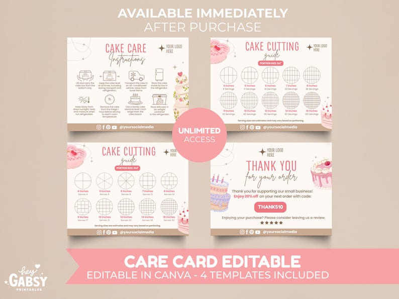 Editable Cake Care Card Template, Bakery Instructions, Canva Bundle (5 ...