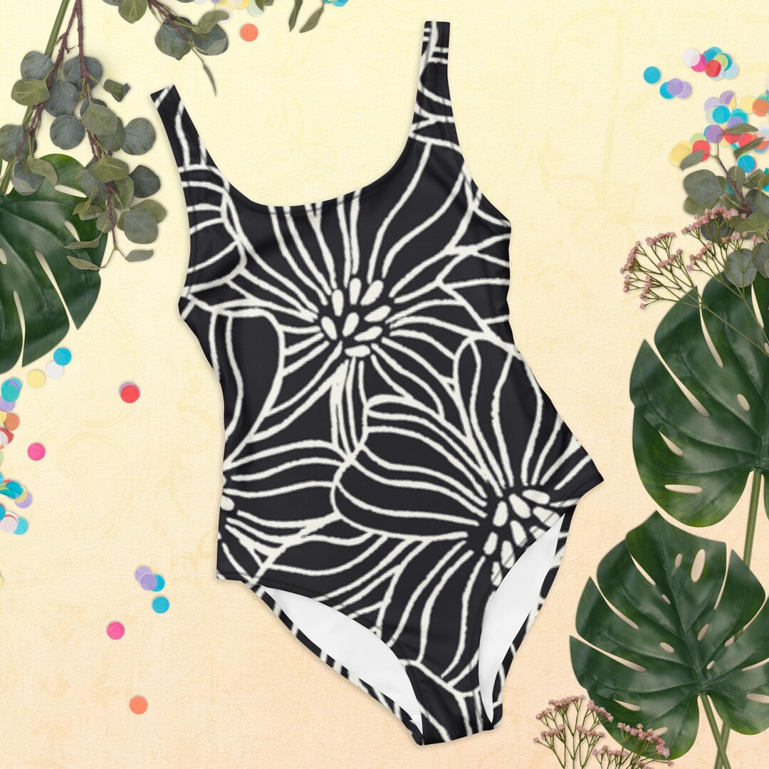 Summervivi-Black And White Floral Striped One-piece Swimsuit
