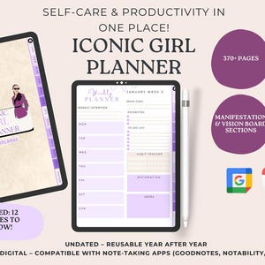 Peut inclure: Un planificateur numérique avec un design violet et blanc. Le planificateur est ouvert sur une vue hebdomadaire avec des sections pour les tâches quotidiennes, le suivi des habitudes, les affirmations et les notes. Le planificateur est intitulé "Planificateur Hebdomadaire" et "Semaine 1 de Janvier". L'image comprend également du texte qui dit "Soins personnels et productivité en un seul endroit ! Planificateur de fille emblématique".