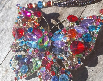 Assemblage necklace Vintage Rhinestone Butterfly LARGE brooch, crystal & glass beads