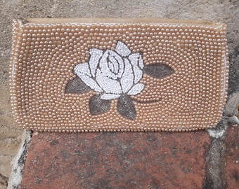 Vintage Beaded clutch , Rose  Beautiful