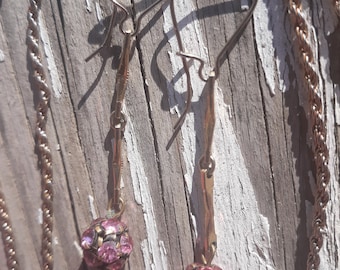 Vintage PINK Rhinestone dangle Earring & Necklace Set ~ Goldtoned