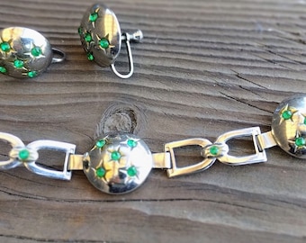 Parure de bracelet et boucles d'oreilles vintage en métal et strass Atomic Style