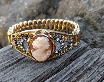 Antique Gold filled Shell Cameo Carmen expansion sweetheart bracelet 1920s Paste stone accents