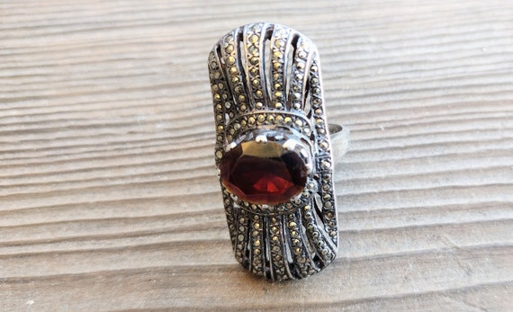 Vtg Garnet & marcasite statement ring,  sterling … - image 6