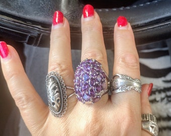 Vtg Sterling Amethyst Statement ring, Multi Carat, Gorgeous!  February Birthstone