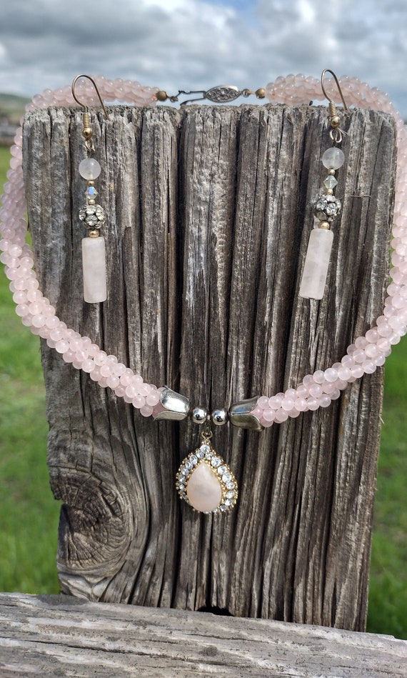 Vintage Genuine Rose Quartz necklace &  earring se