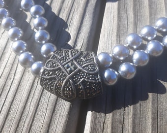 Antik pärlhalsband i sterlingsilver med markasitglas - ca 1940-tal