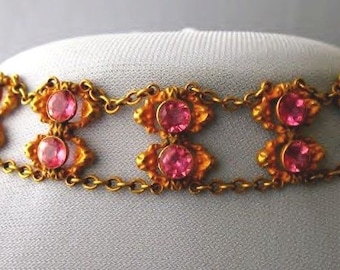 Victorian Pinchbeck Choker: Pink Tourmaline/Paste Necklace, c. Early 1800s