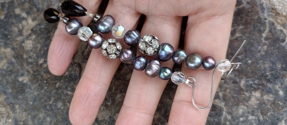 Art Deco Black Pearl Dangle earrings, vintage Rhi… - image 2