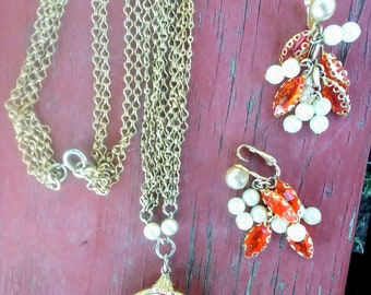 Antique Necklace & Earring set, Orange Glass with clip-on earrings c.1950s